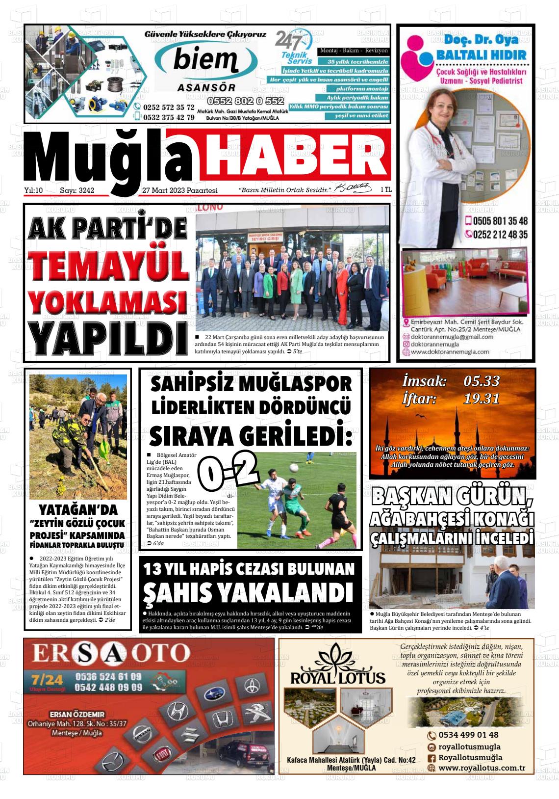 27 Mart 2023 Muğla Haber Gazete Manşeti