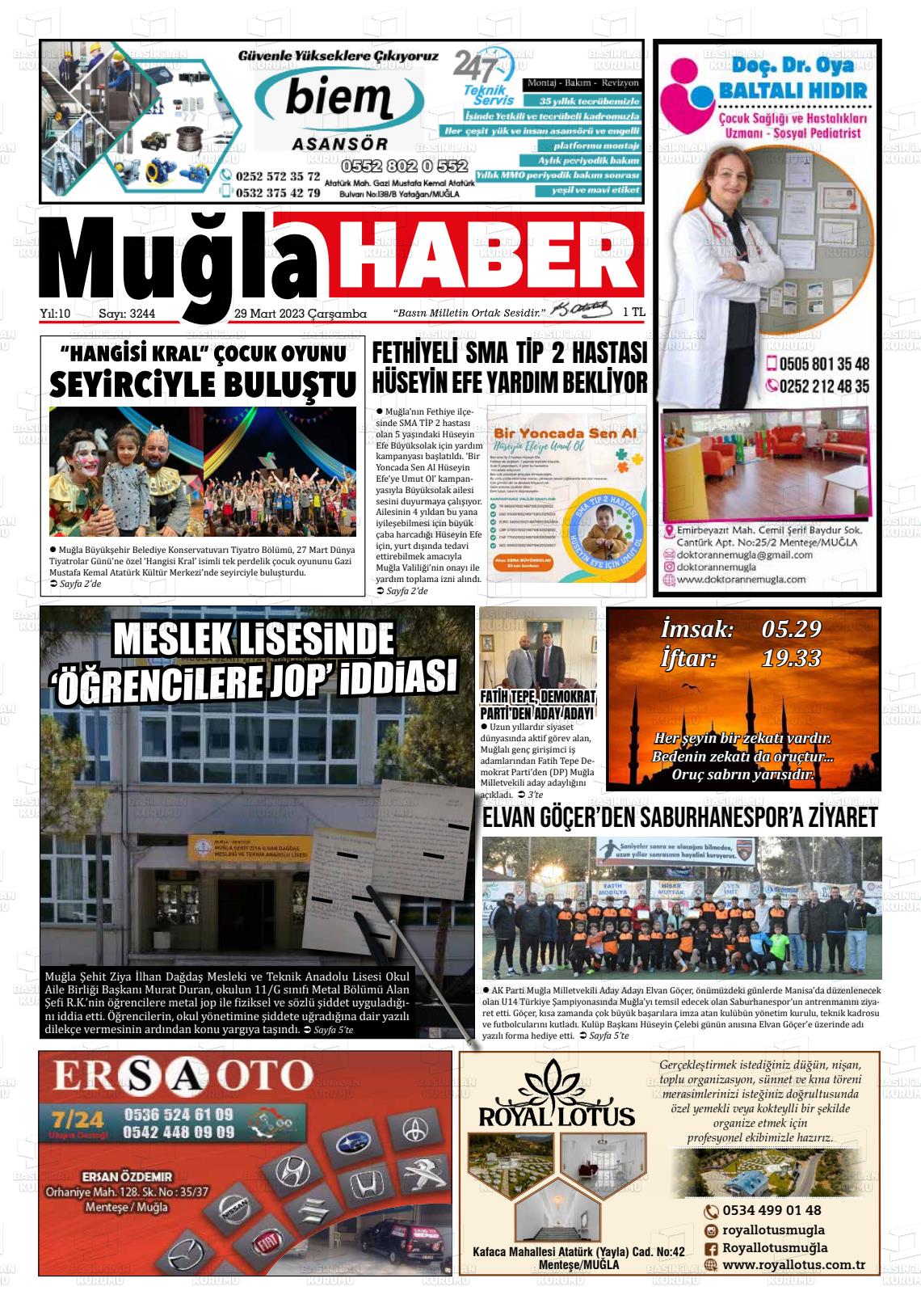 29 Mart 2023 Muğla Haber Gazete Manşeti