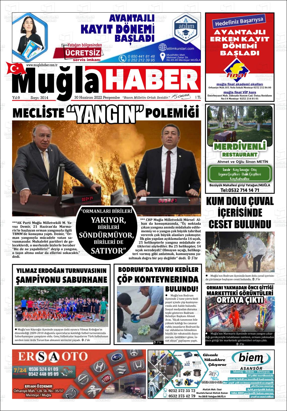 30 Haziran 2022 Muğla Haber Gazete Manşeti