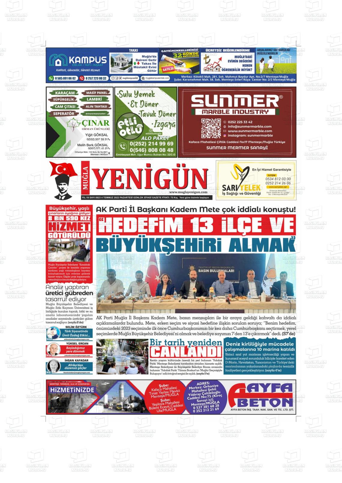04 Temmuz 2022 Muğla Yenigün Gazete Manşeti