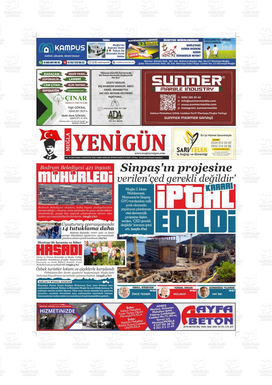 05 Ağustos 2022 Muğla Yenigün Gazete Manşeti