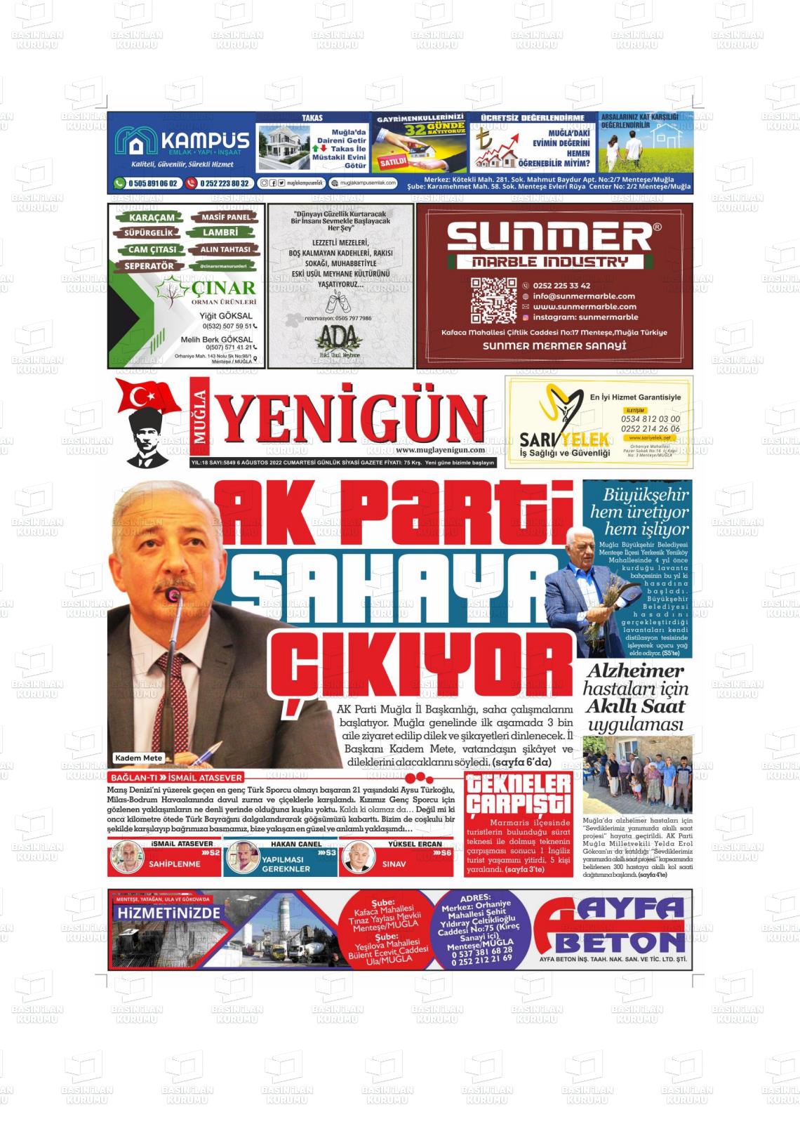 06 Ağustos 2022 Muğla Yenigün Gazete Manşeti