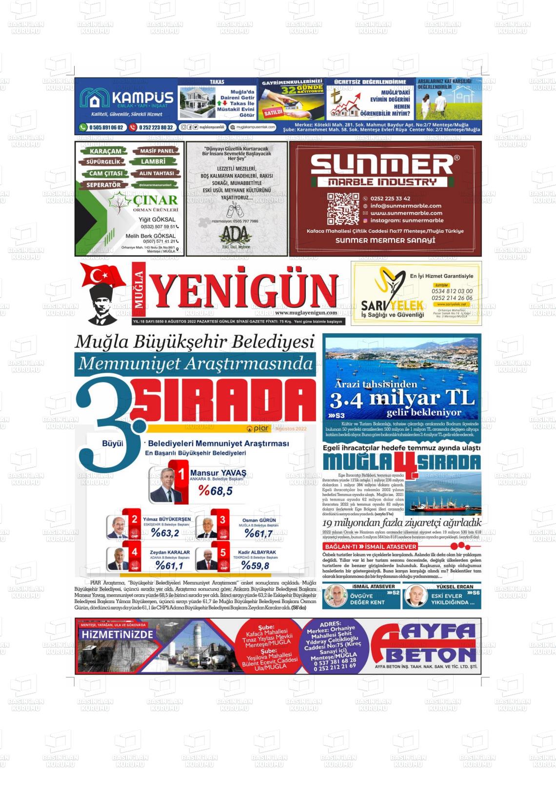 08 Ağustos 2022 Muğla Yenigün Gazete Manşeti