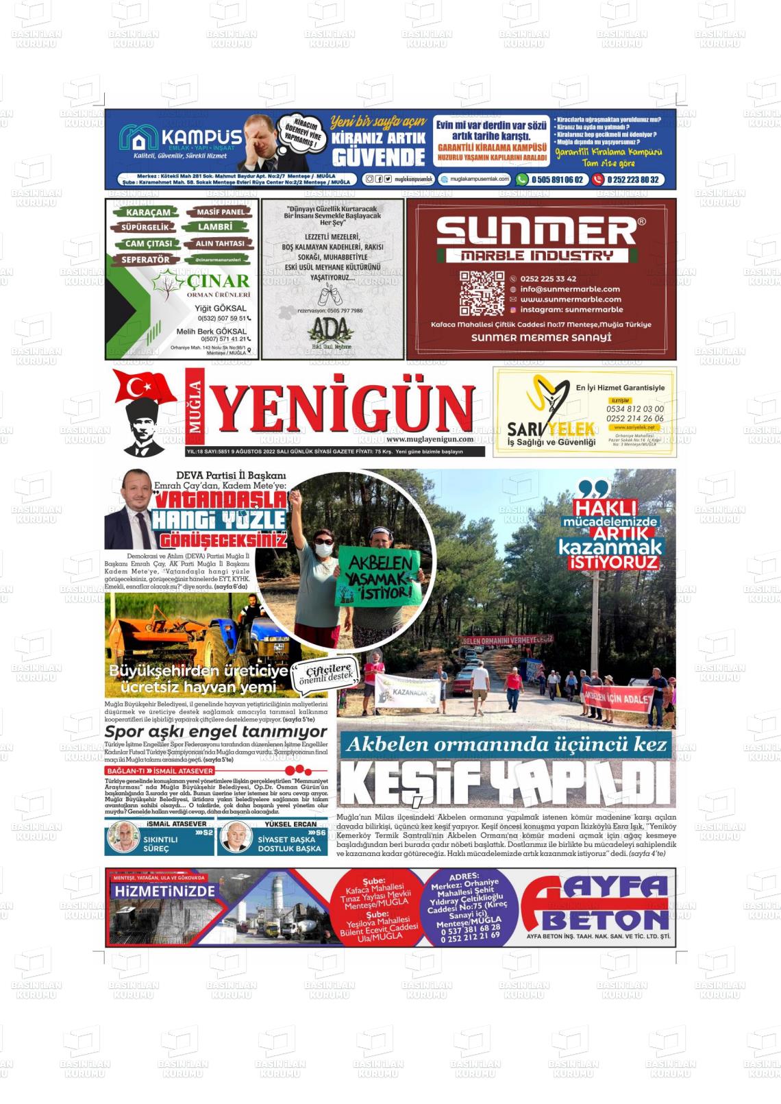 09 Ağustos 2022 Muğla Yenigün Gazete Manşeti