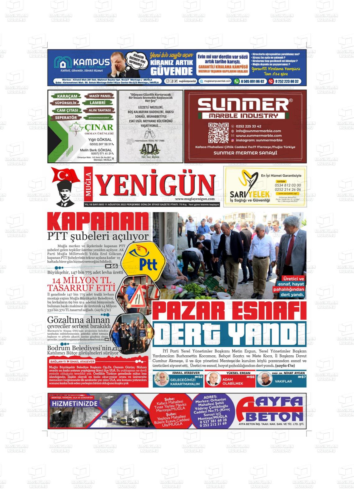 11 Ağustos 2022 Muğla Yenigün Gazete Manşeti
