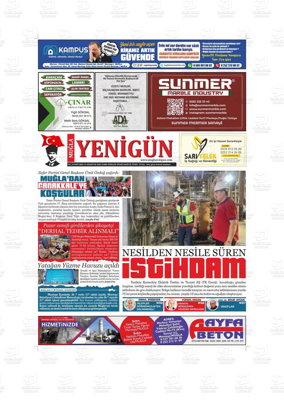 12 Ağustos 2022 Muğla Yenigün Gazete Manşeti
