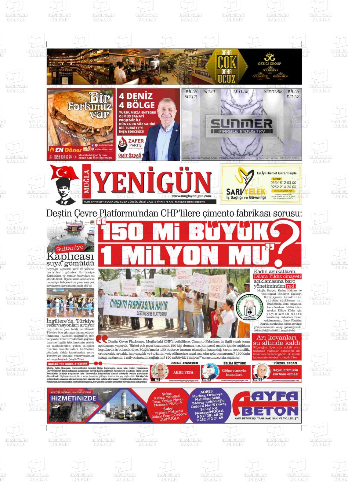 14 Ocak 2022 Muğla Yenigün Gazete Manşeti