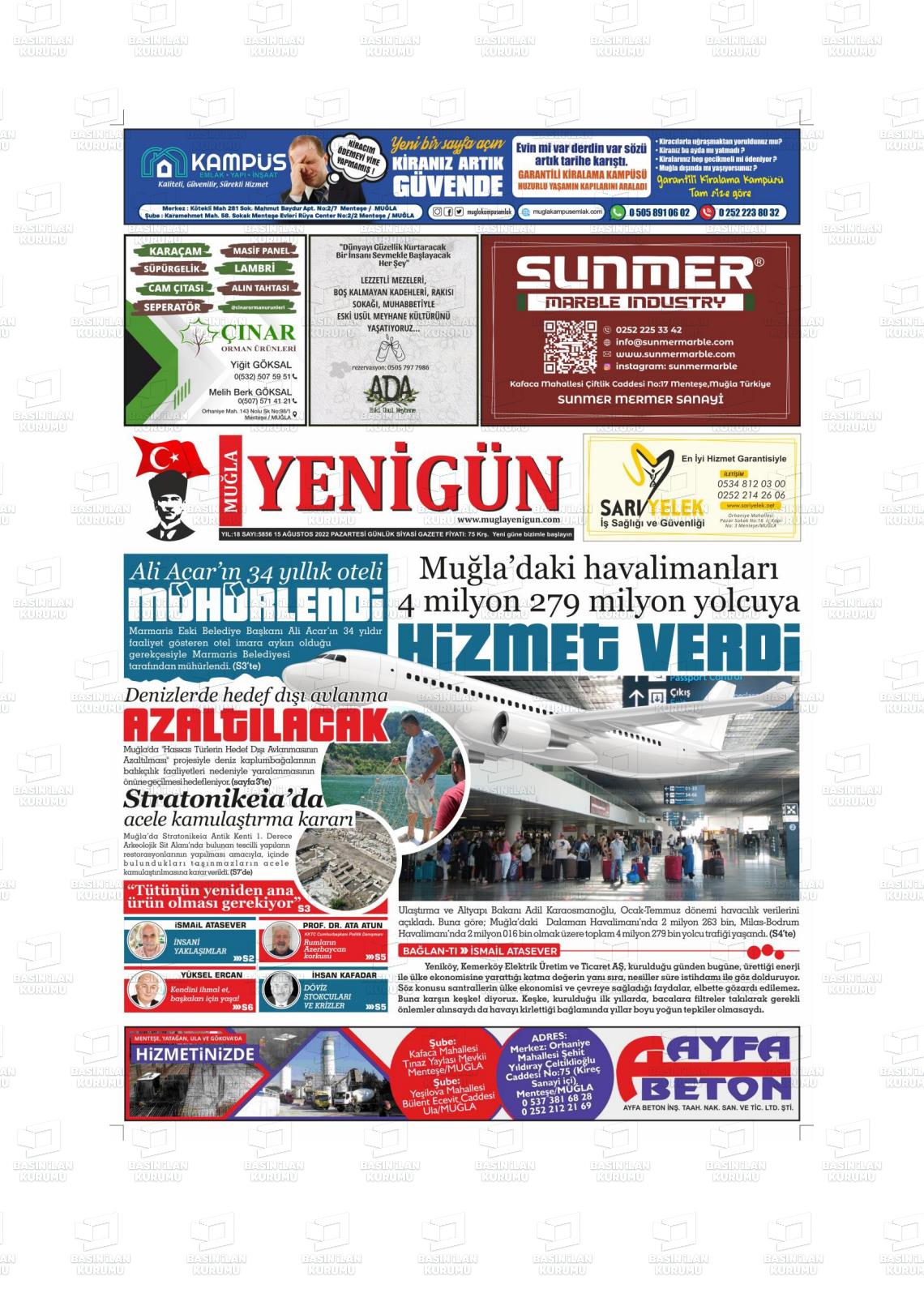 15 Ağustos 2022 Muğla Yenigün Gazete Manşeti