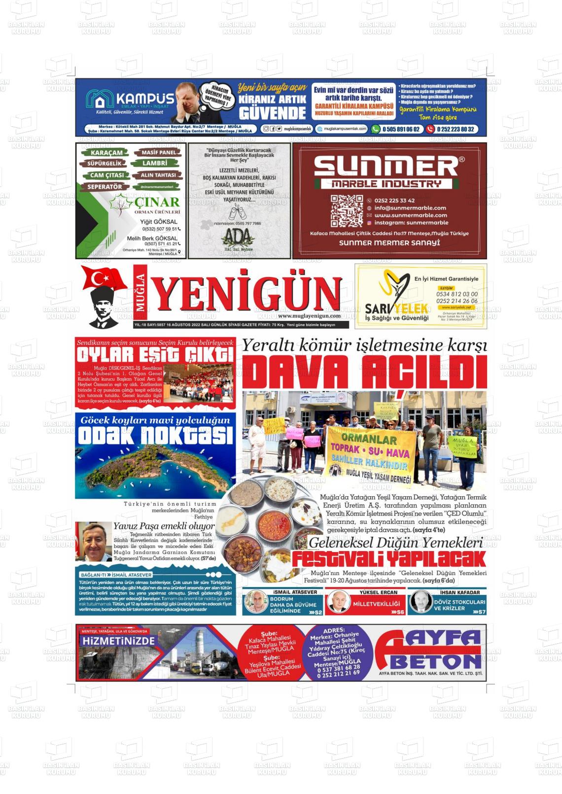 16 Ağustos 2022 Muğla Yenigün Gazete Manşeti