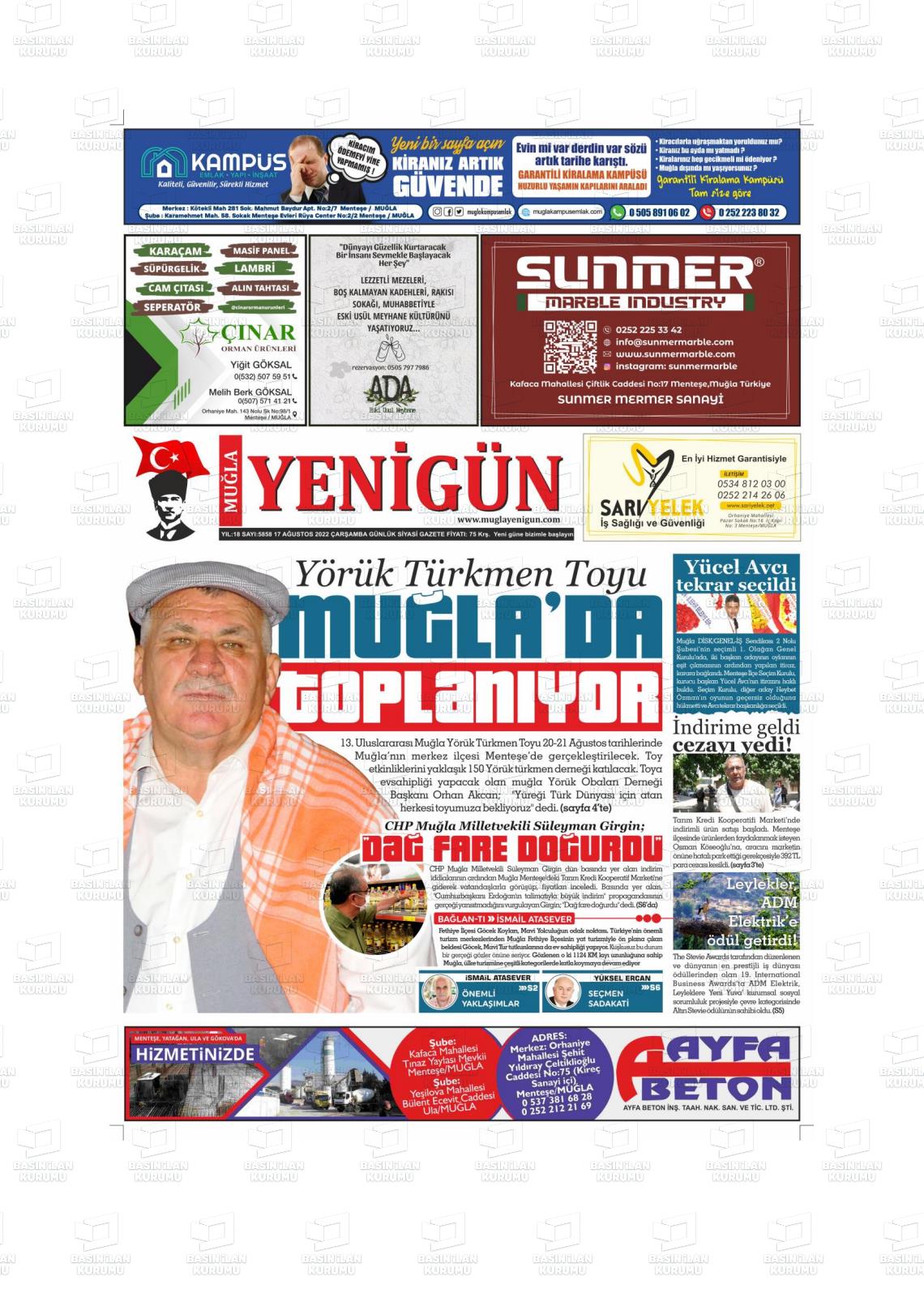 17 Ağustos 2022 Muğla Yenigün Gazete Manşeti