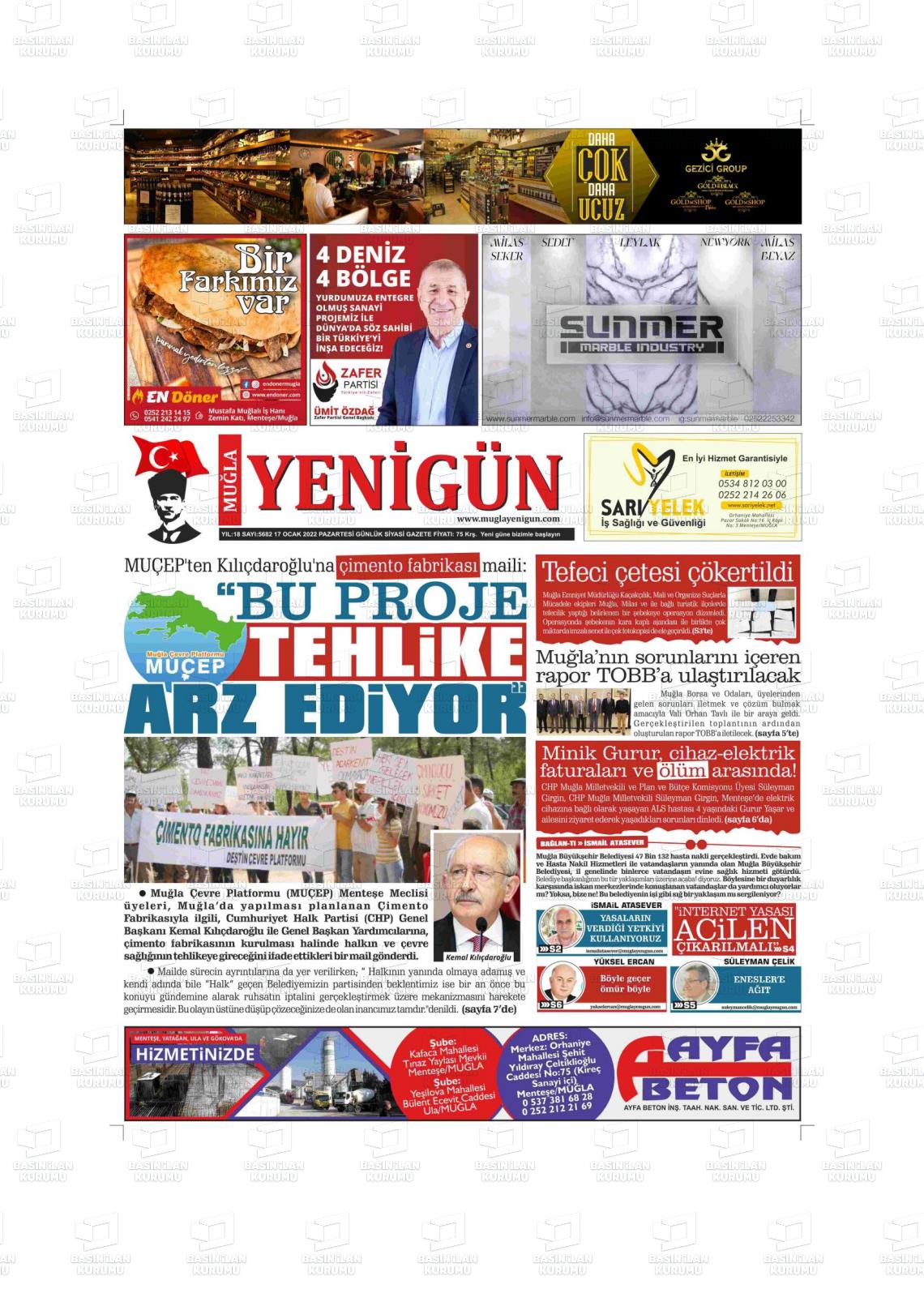 17 Ocak 2022 Muğla Yenigün Gazete Manşeti