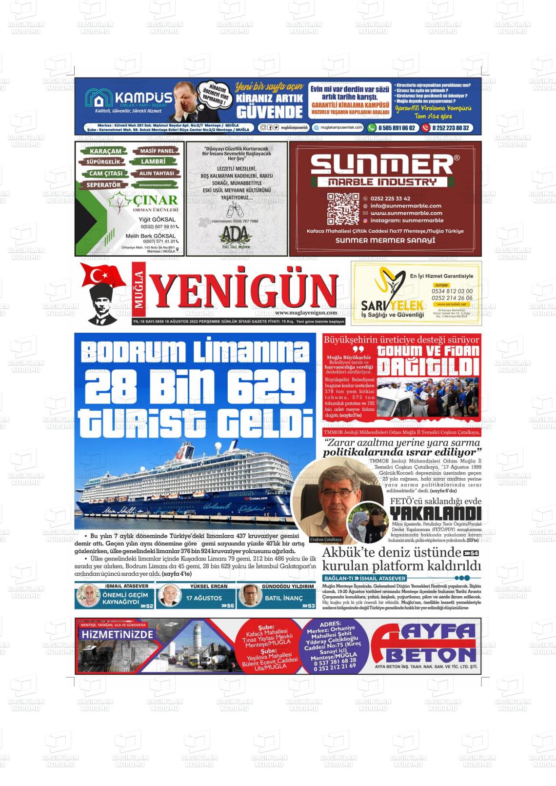 Muğla Yenigün Gazete Manşeti