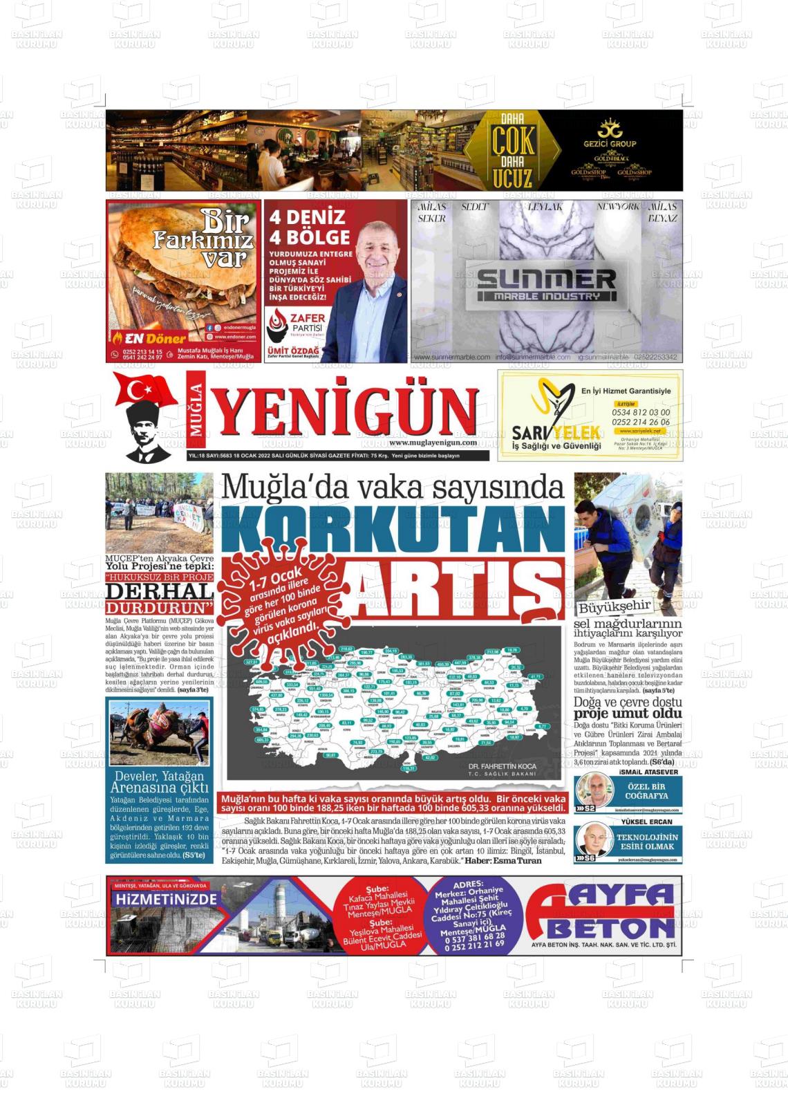 18 Ocak 2022 Muğla Yenigün Gazete Manşeti