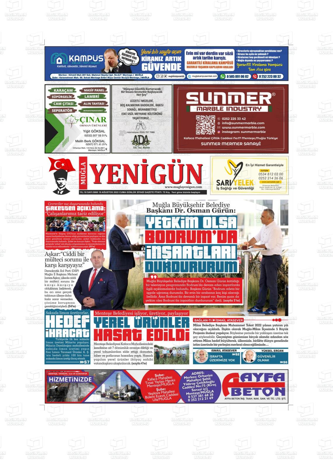 19 Ağustos 2022 Muğla Yenigün Gazete Manşeti