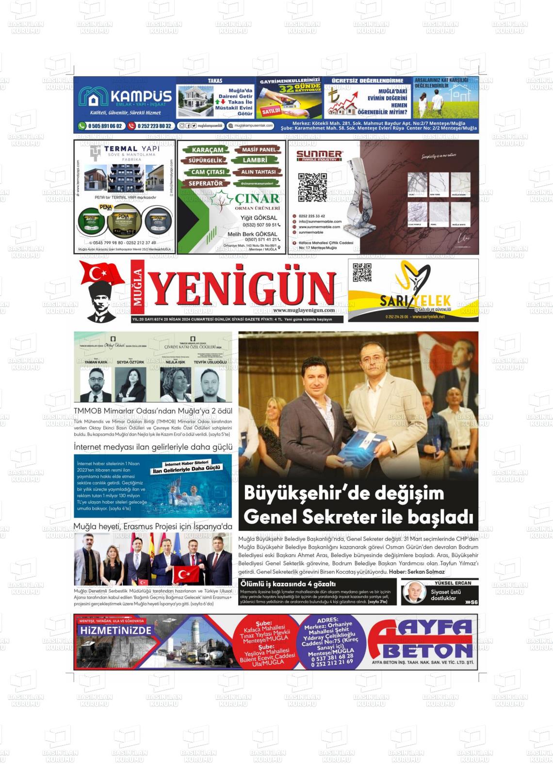 20 Nisan 2024 Muğla Yenigün Gazete Manşeti