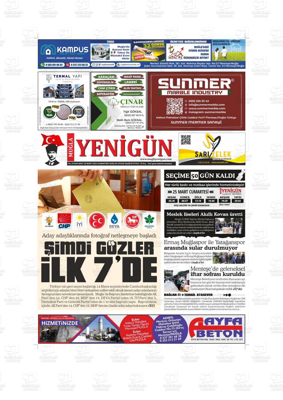 25 Mart 2023 Muğla Yenigün Gazete Manşeti