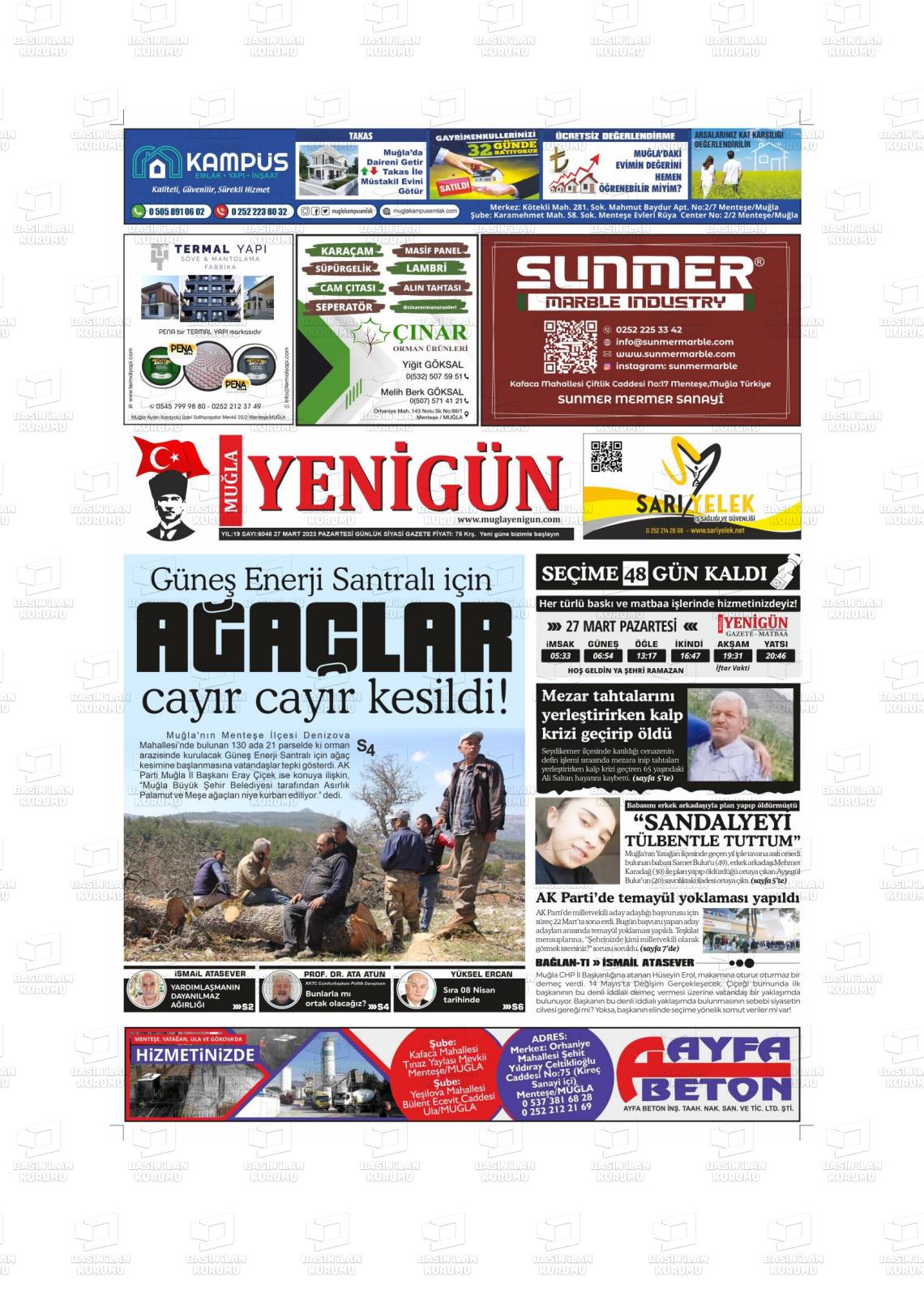 27 Mart 2023 Muğla Yenigün Gazete Manşeti