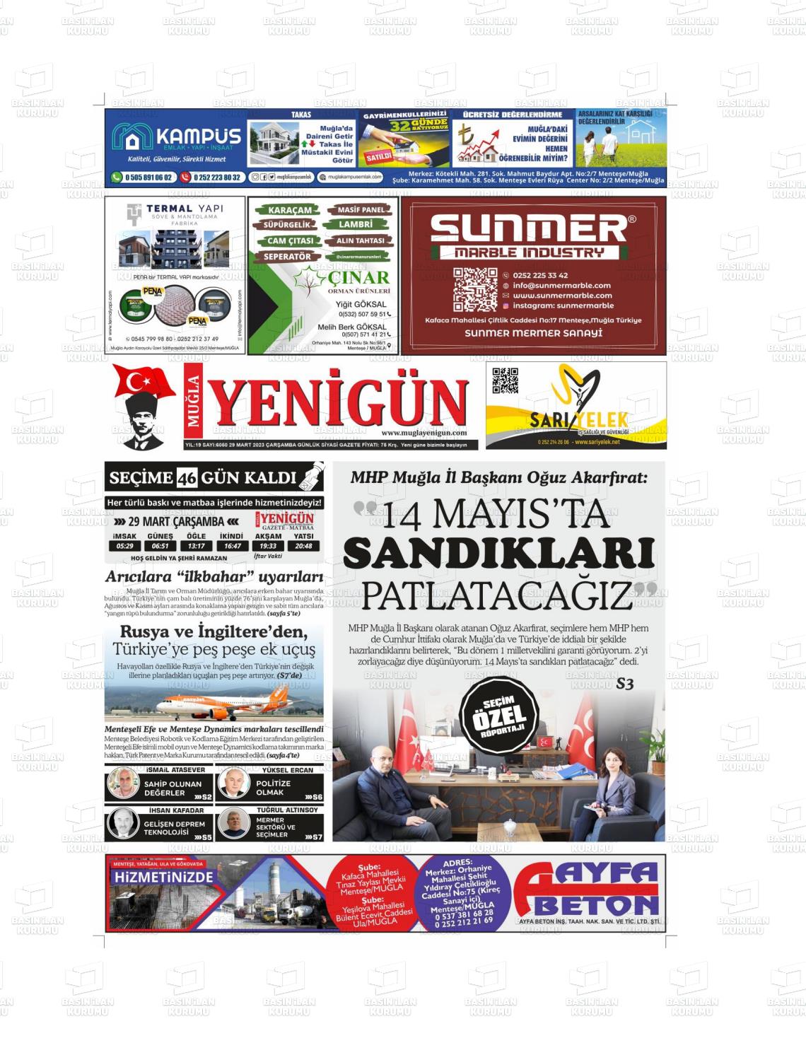 29 Mart 2023 Muğla Yenigün Gazete Manşeti