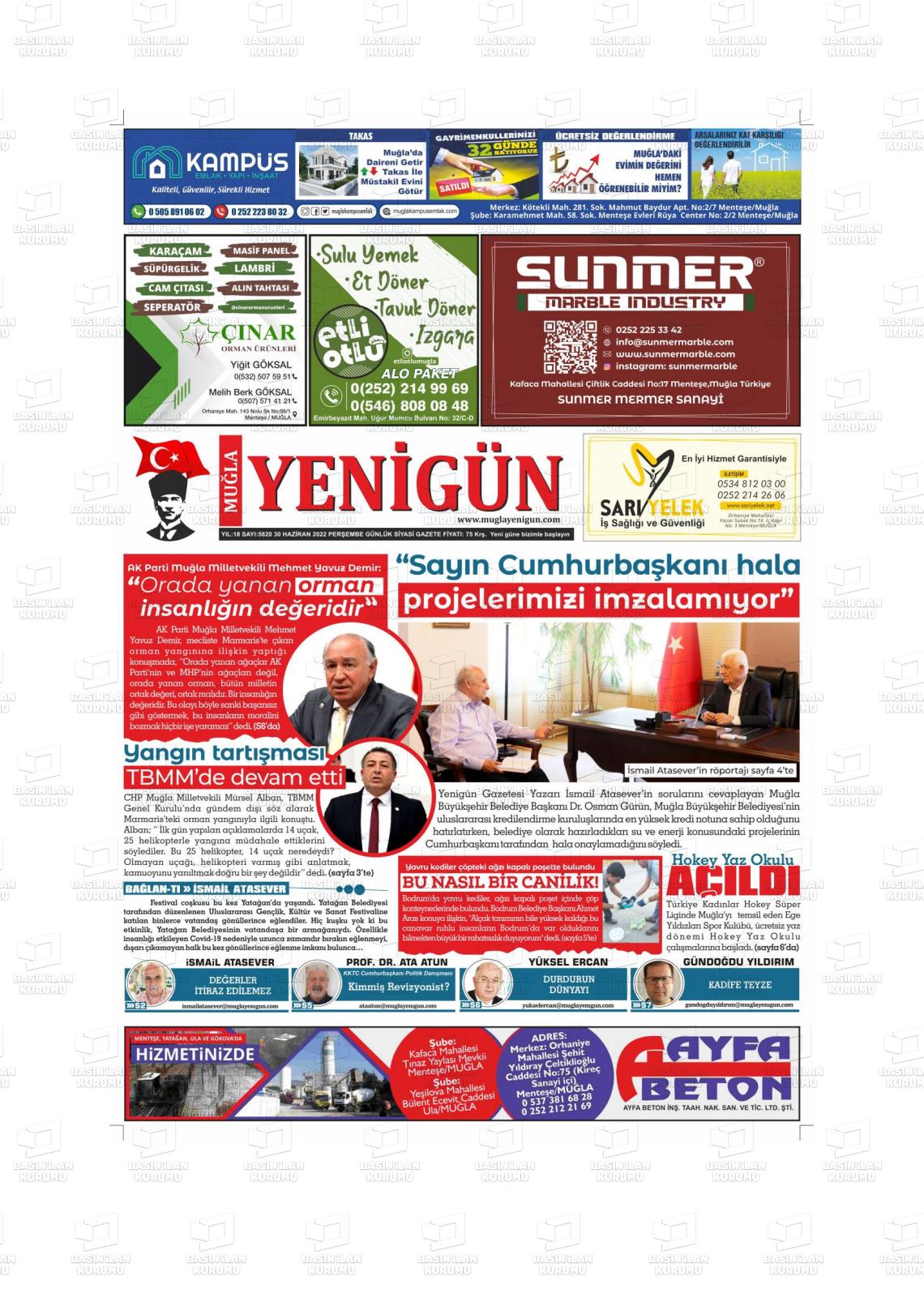 01 Temmuz 2022 Muğla Yenigün Gazete Manşeti