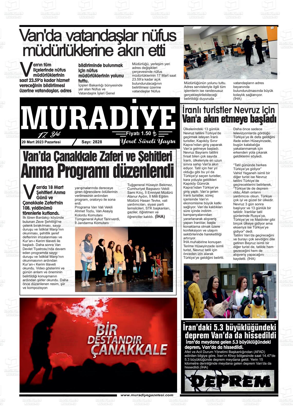 20 Mart 2023 Muradiye Gazete Manşeti