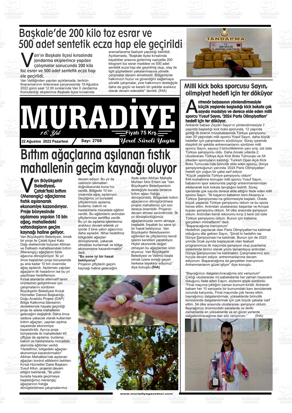 22 Ağustos 2022 Muradiye Gazete Manşeti