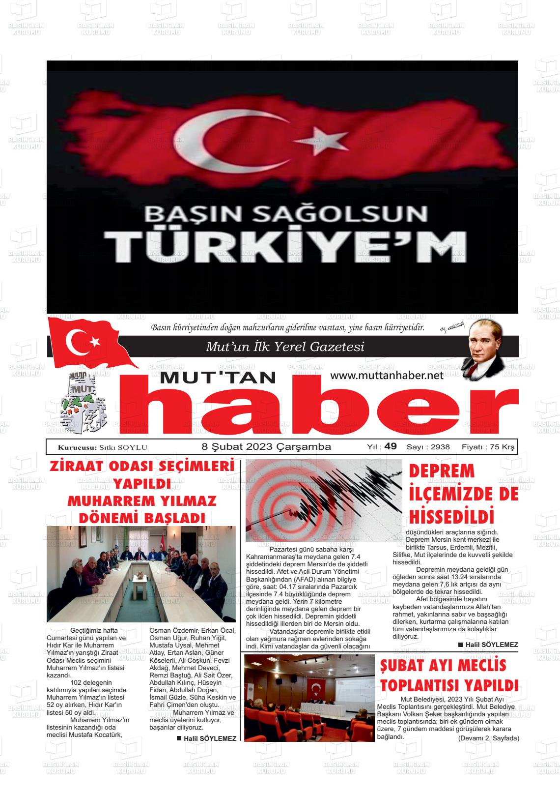 08 Şubat 2023 Mut'tan Haber Gazete Manşeti
