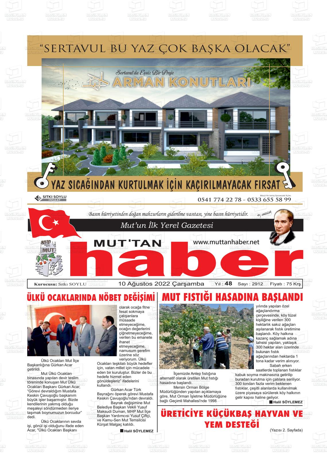 10 Ağustos 2022 Mut'tan Haber Gazete Manşeti
