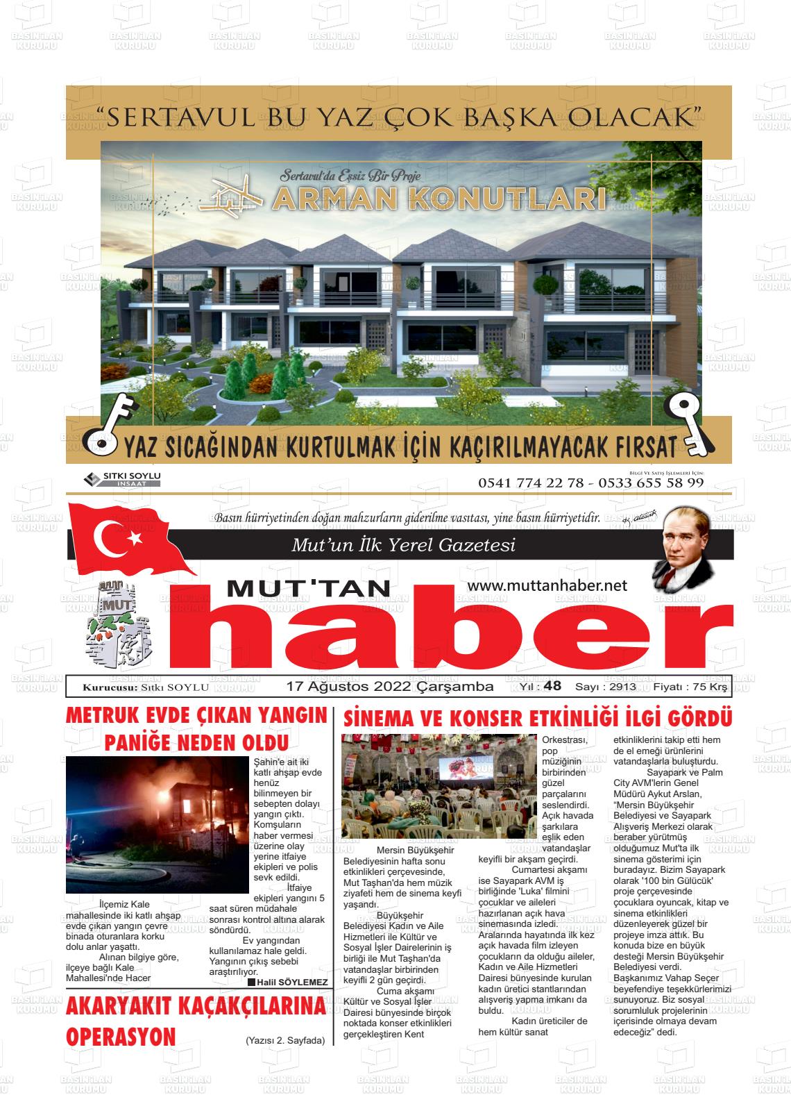 17 Ağustos 2022 Mut'tan Haber Gazete Manşeti