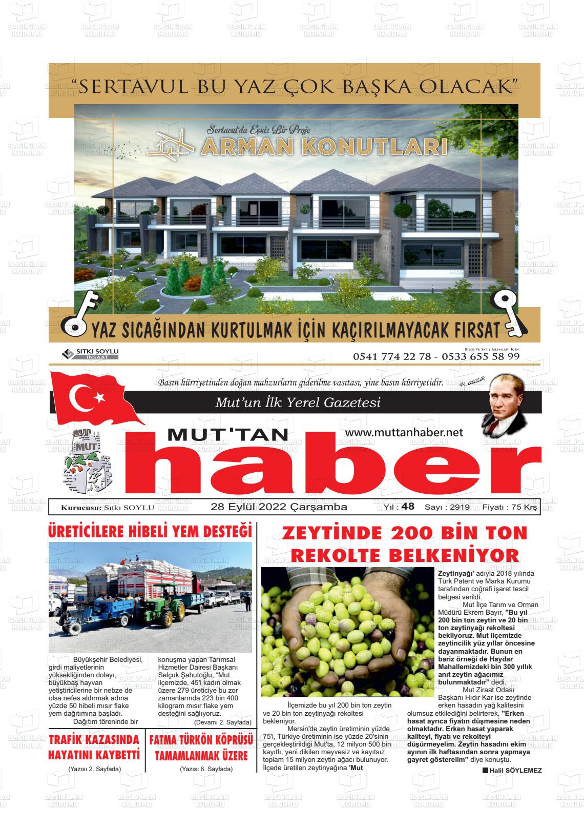 28 Eylül 2022 Mut'tan Haber Gazete Manşeti