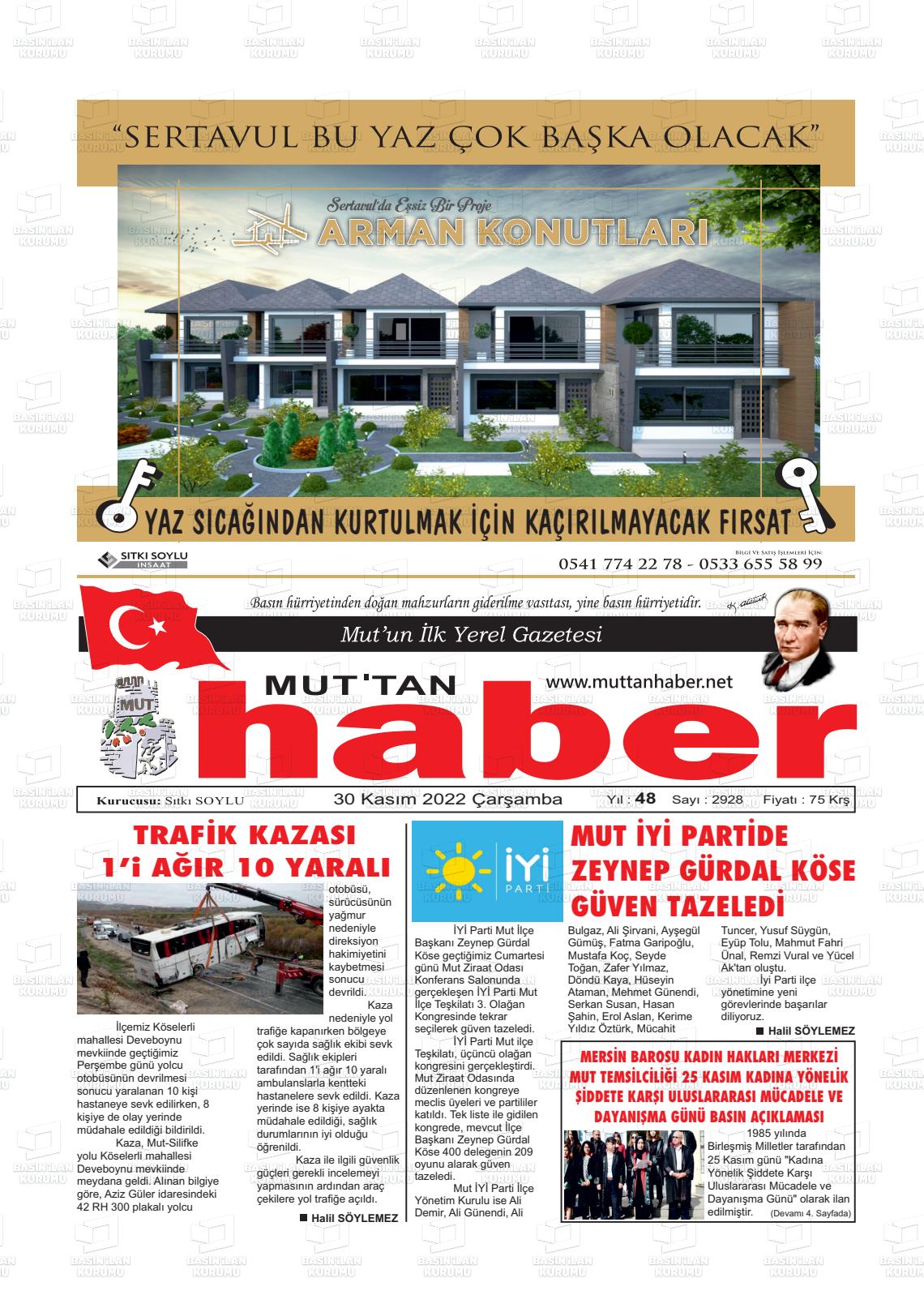 30 Kasım 2022 Mut'tan Haber Gazete Manşeti