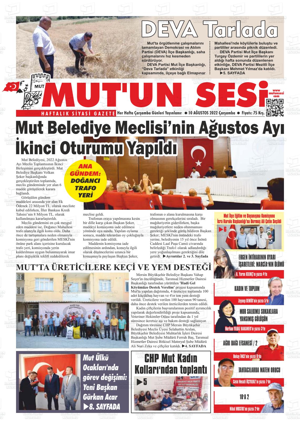 10 Ağustos 2022 Mut'un Sesi Gazete Manşeti