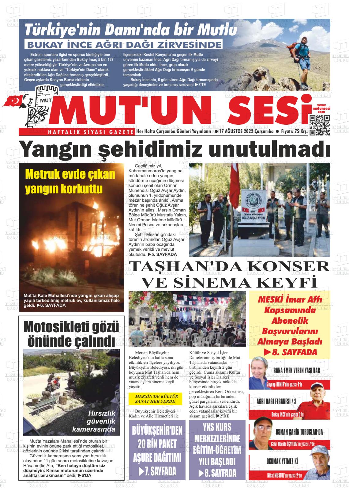 17 Ağustos 2022 Mut'un Sesi Gazete Manşeti