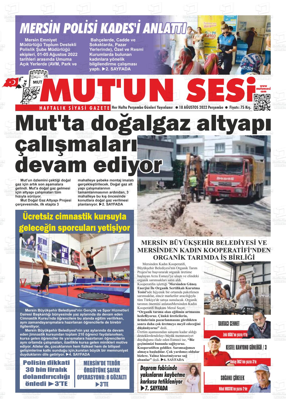 18 Ağustos 2022 Mut'un Sesi Gazete Manşeti