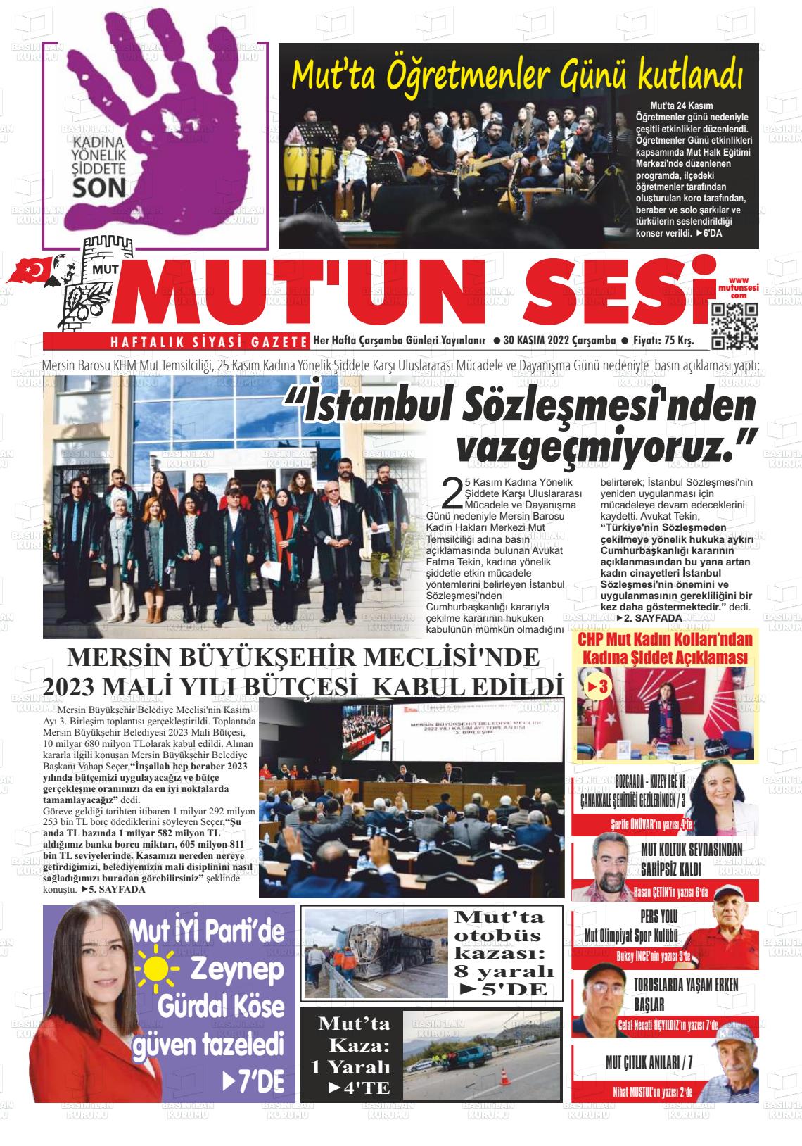 30 Kasım 2022 Mut'un Sesi Gazete Manşeti