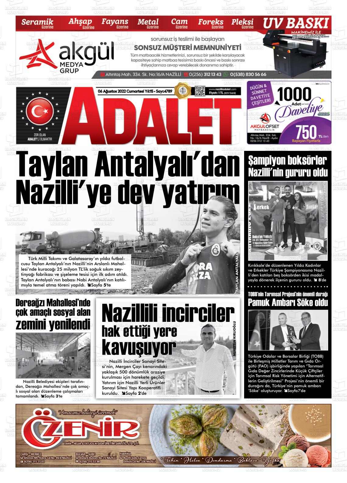 06 Ağustos 2022 Nazilli Adalet Gazete Manşeti