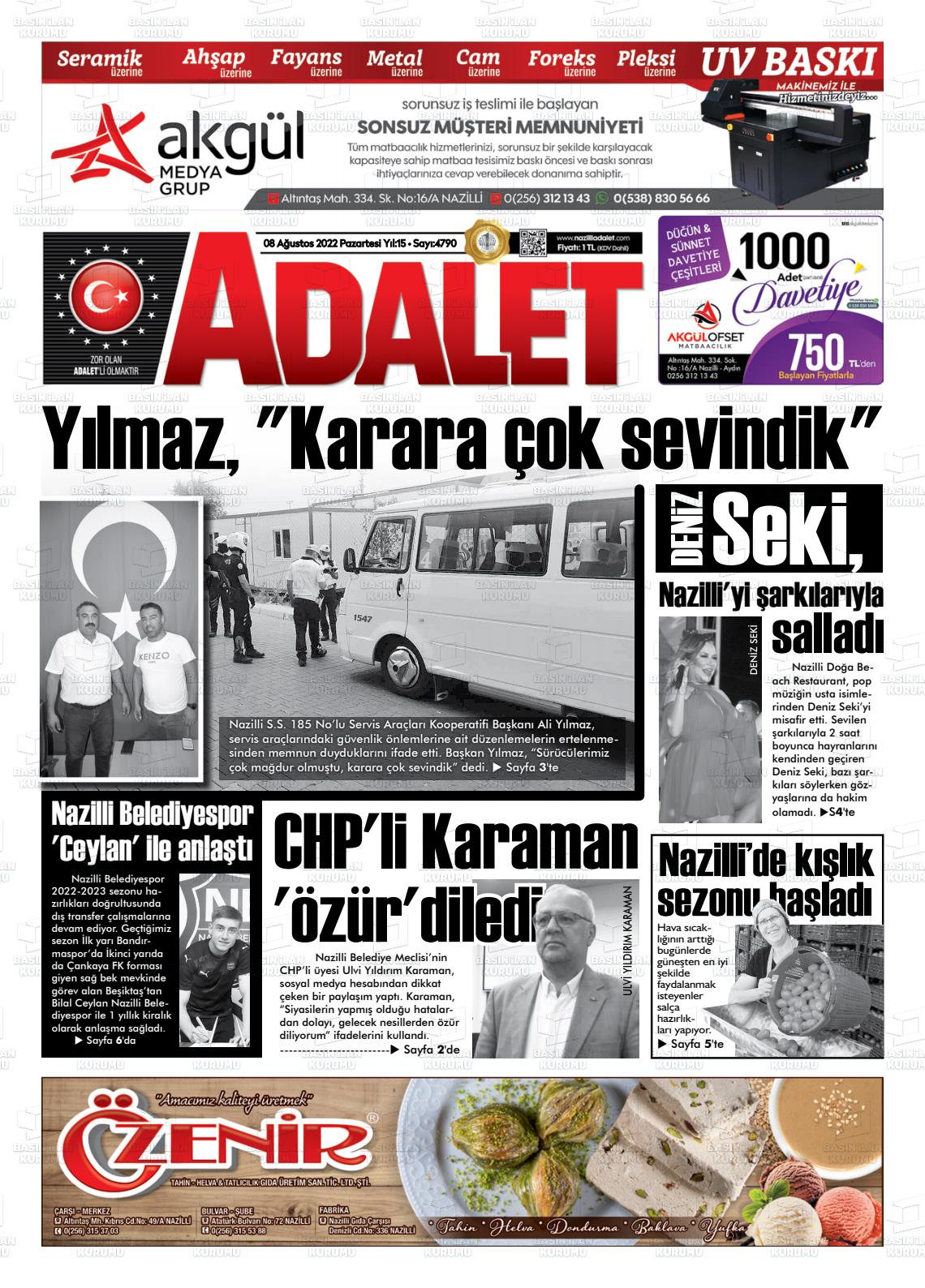 08 Ağustos 2022 Nazilli Adalet Gazete Manşeti