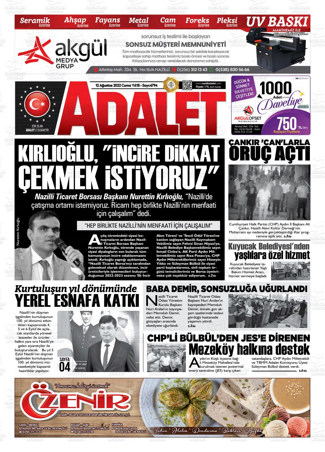 12 Ağustos 2022 Nazilli Adalet Gazete Manşeti