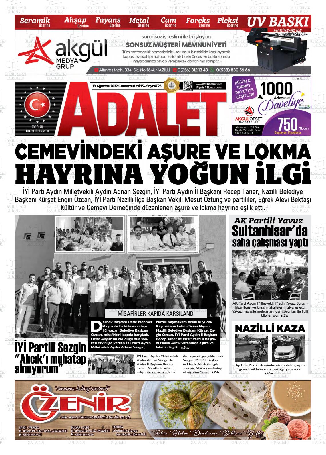 13 Ağustos 2022 Nazilli Adalet Gazete Manşeti