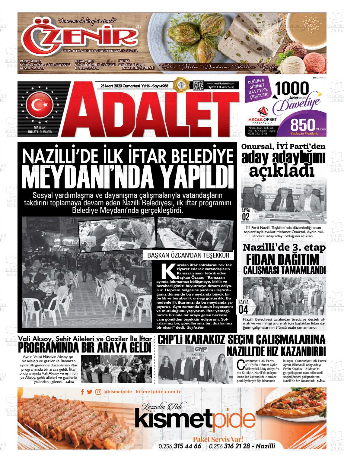 25 Mart 2023 Nazilli Adalet Gazete Manşeti