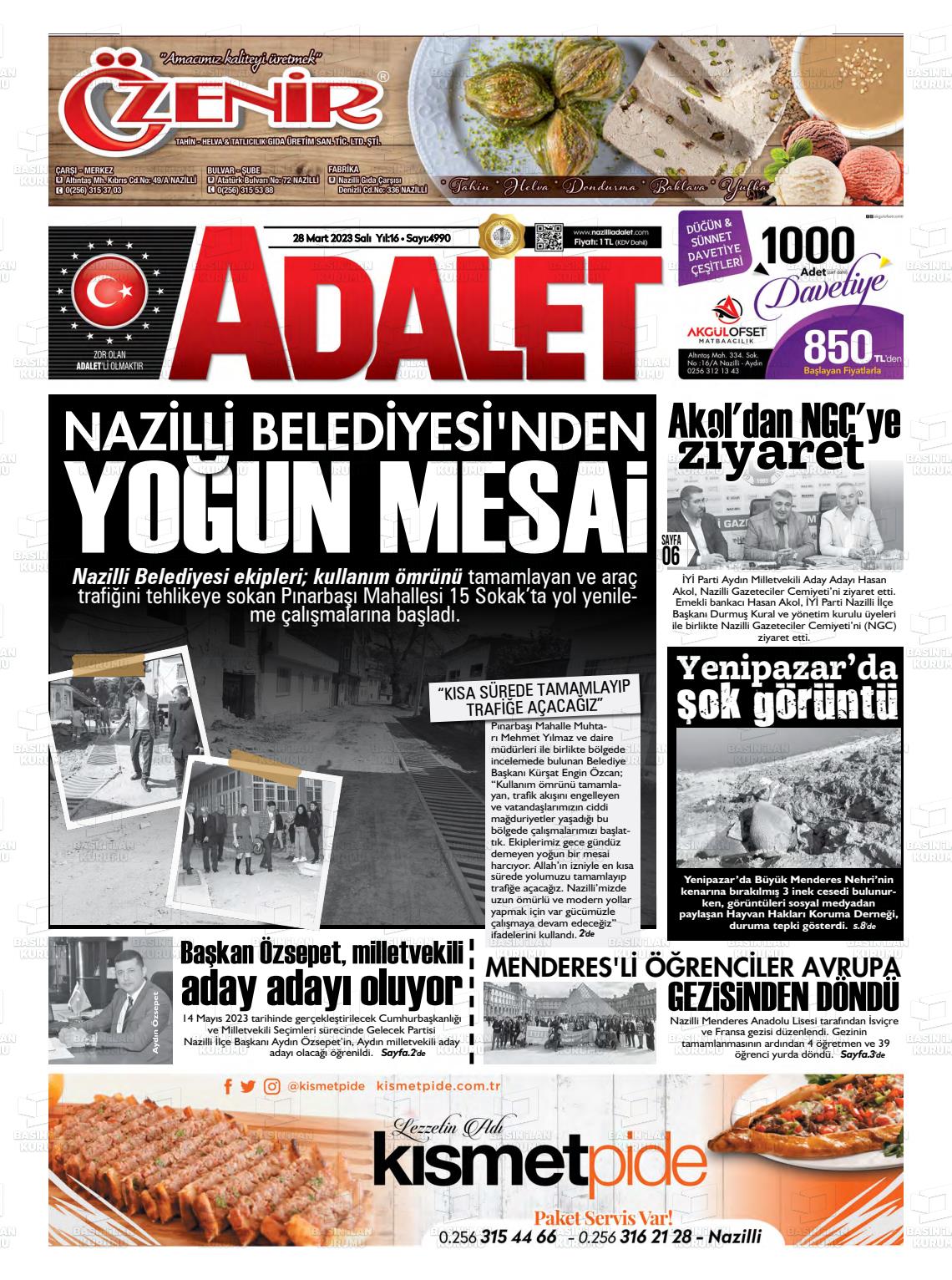 28 Mart 2023 Nazilli Adalet Gazete Manşeti