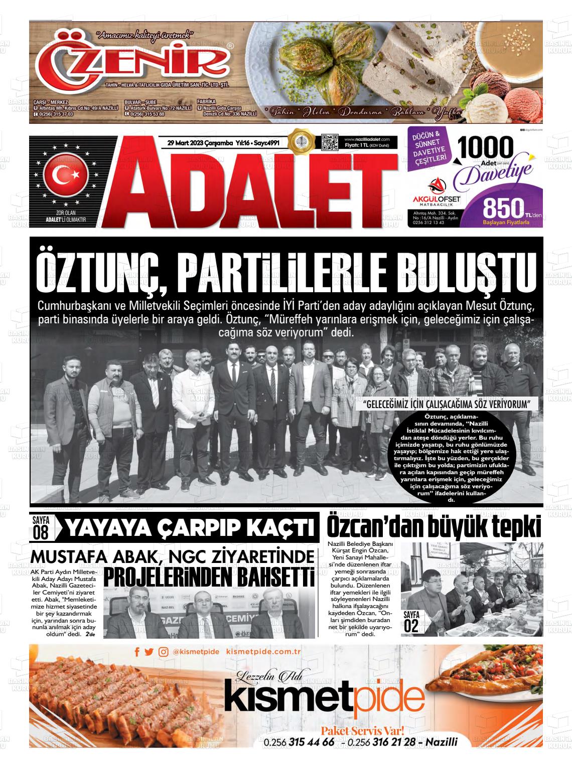 29 Mart 2023 Nazilli Adalet Gazete Manşeti