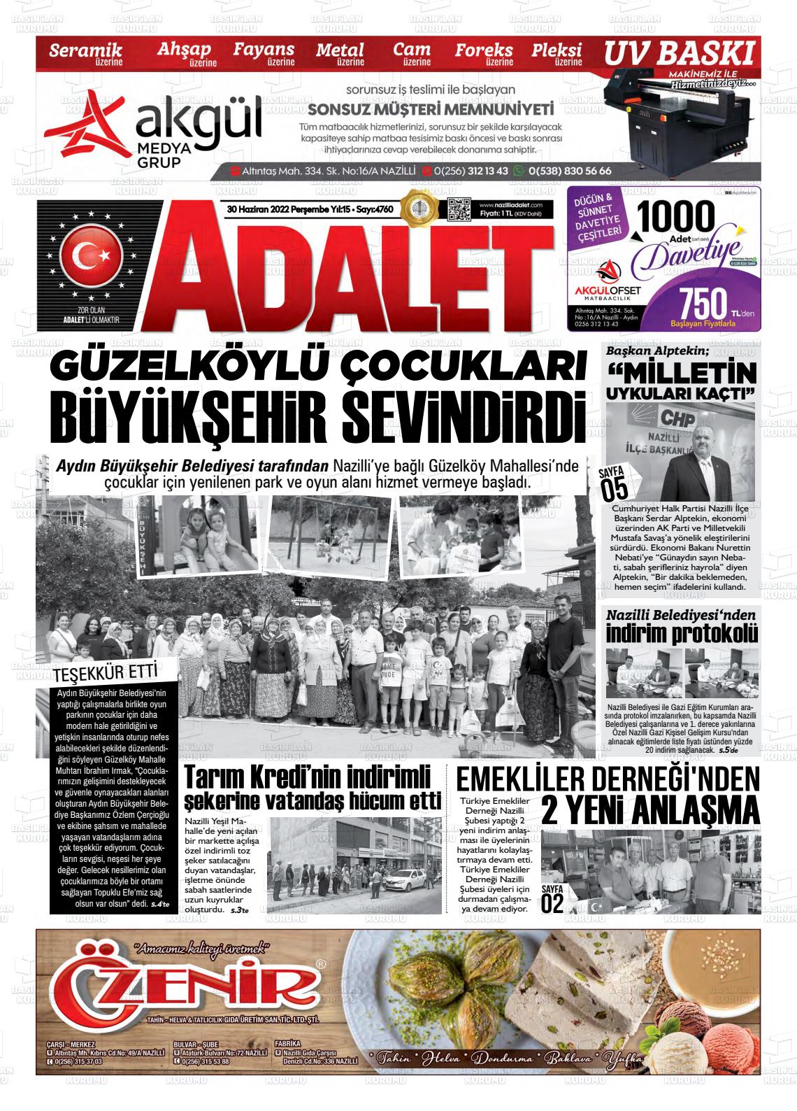 30 Haziran 2022 Nazilli Adalet Gazete Manşeti