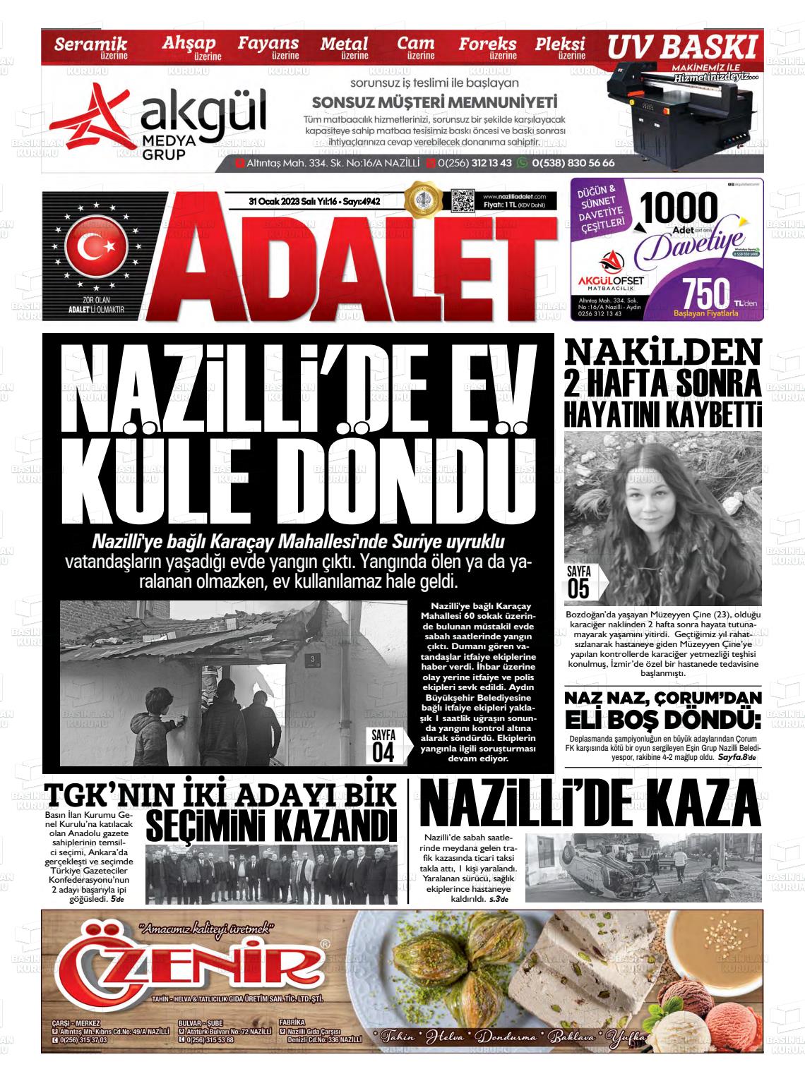 31 Ocak 2023 Nazilli Adalet Gazete Manşeti