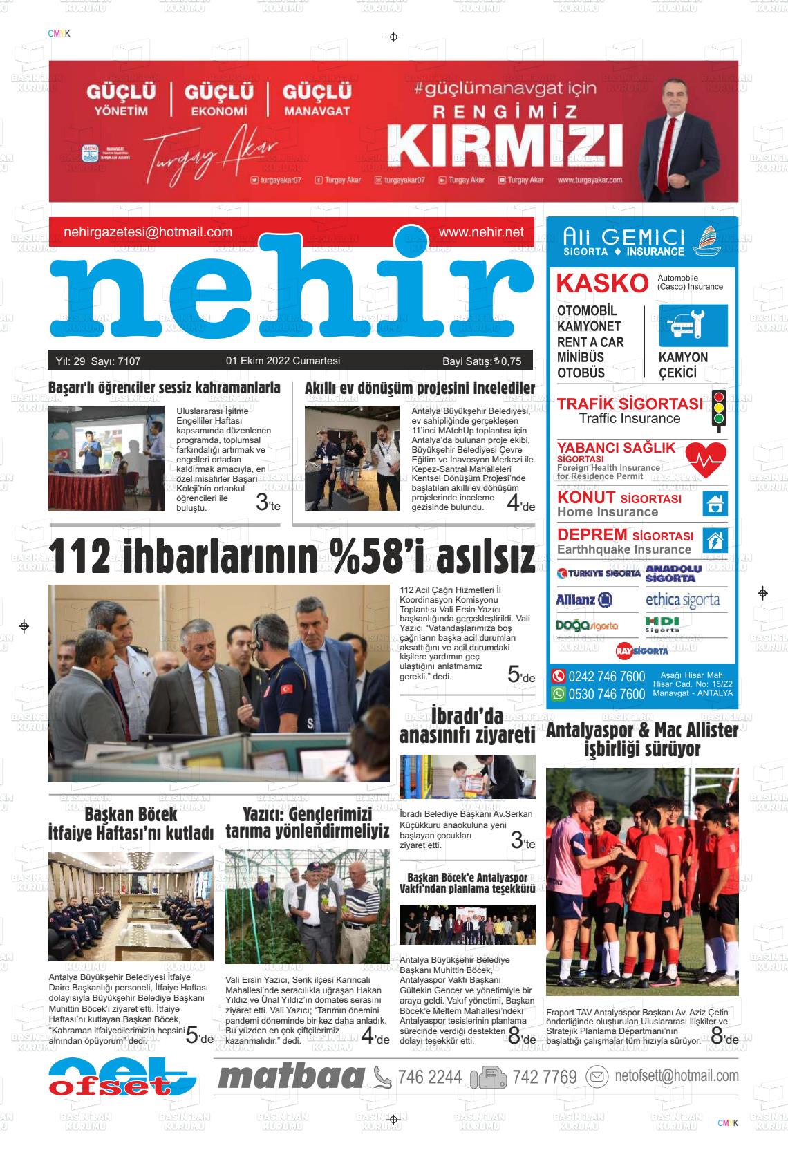 01 Ekim 2022 Nehir Gazete Manşeti