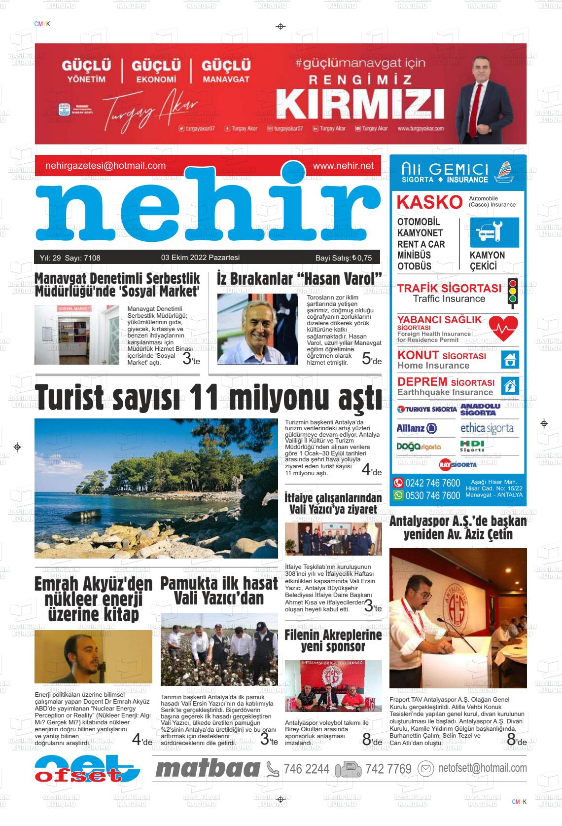 03 Ekim 2022 Nehir Gazete Manşeti