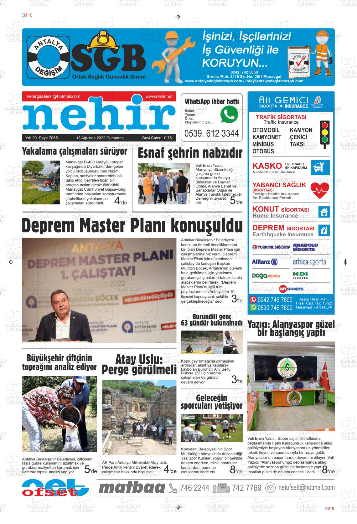 13 Ağustos 2022 Nehir Gazete Manşeti