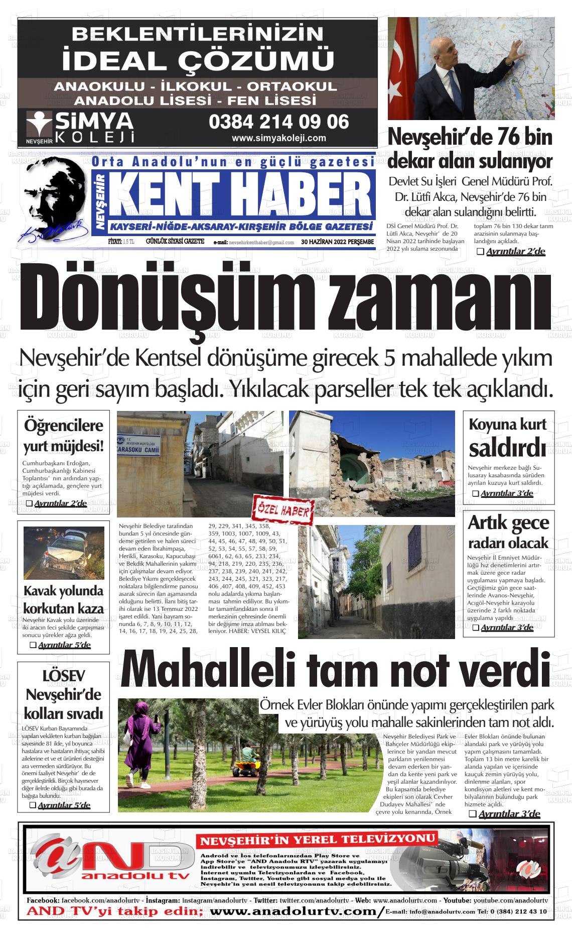 01 Temmuz 2022 Kent Haber Gazete Manşeti