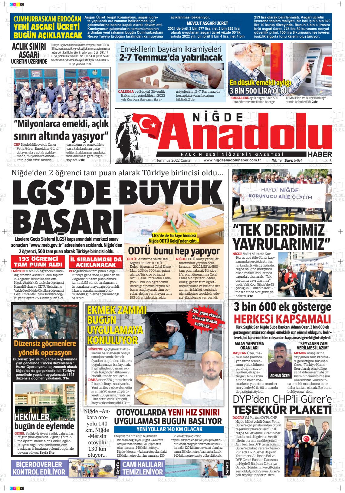 01 Temmuz 2022 Niğde Anadolu Haber Gazete Manşeti