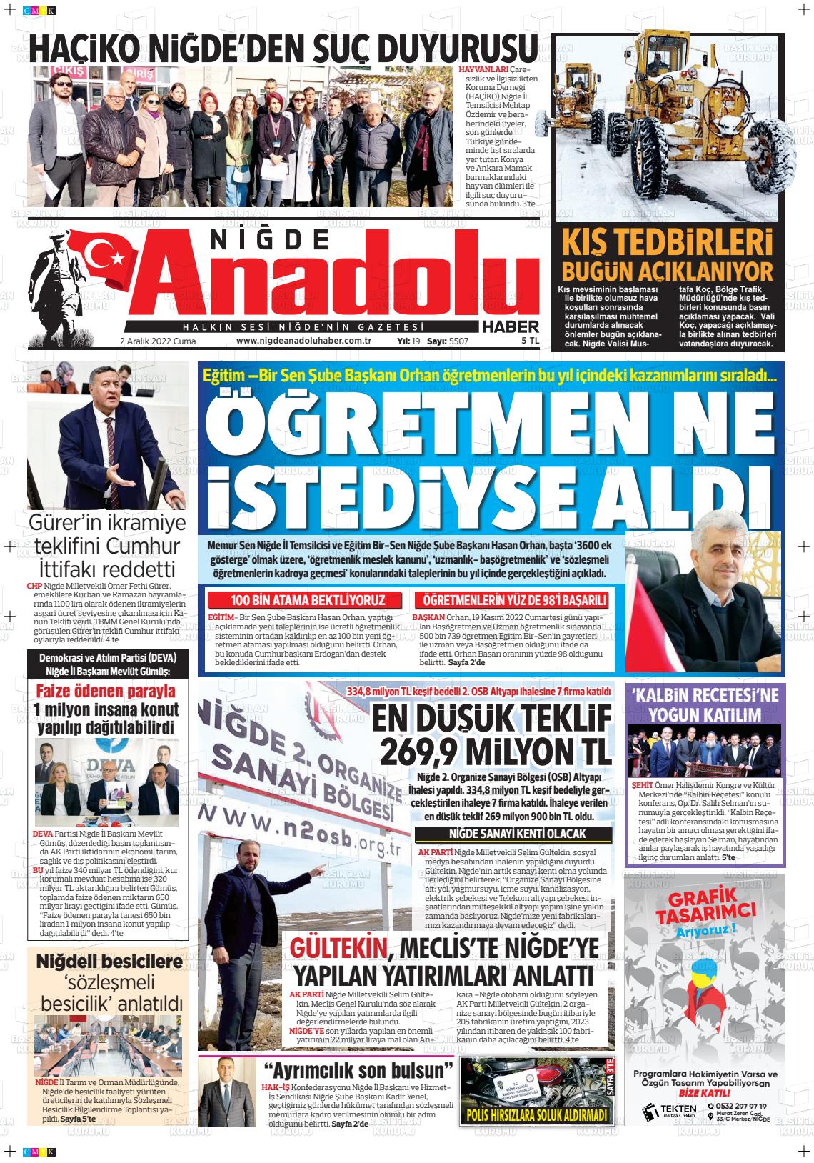 02 Aralık 2022 Niğde Anadolu Haber Gazete Manşeti