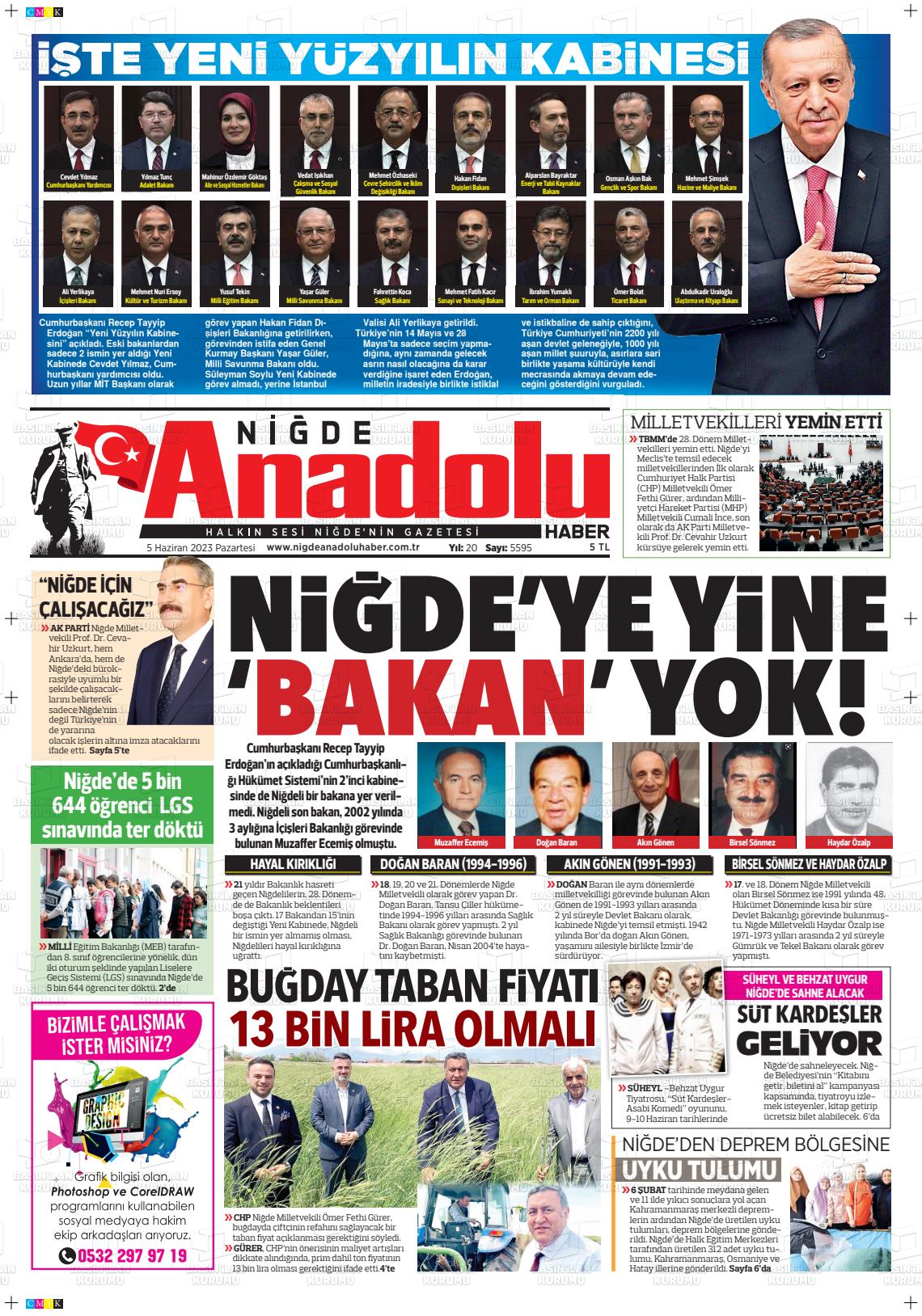 05 Haziran 2023 Niğde Anadolu Haber Gazete Manşeti